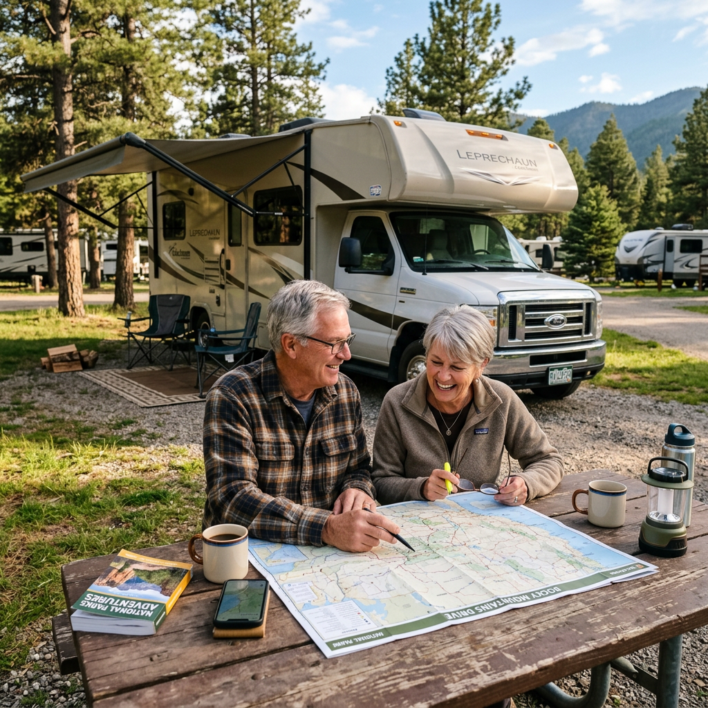 Older couple consulting a map at a picnic table near an RV in a forest campground
