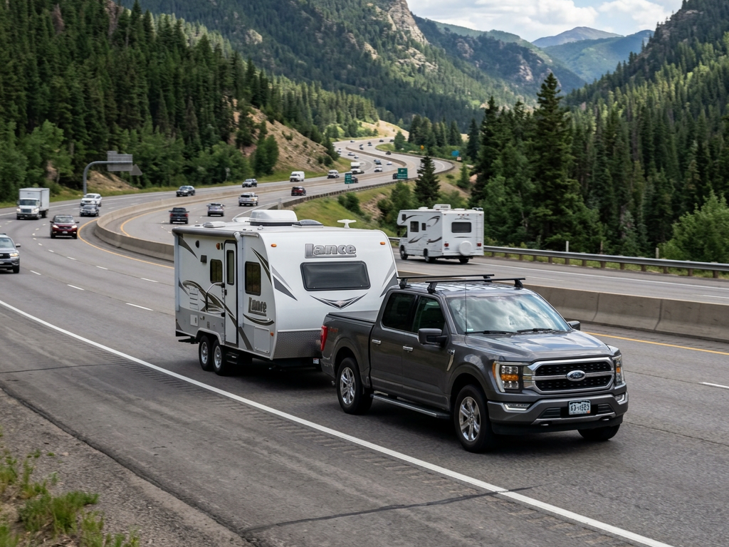 Truck towing a Lance camper on a mountain highway surrounded by evergreen trees