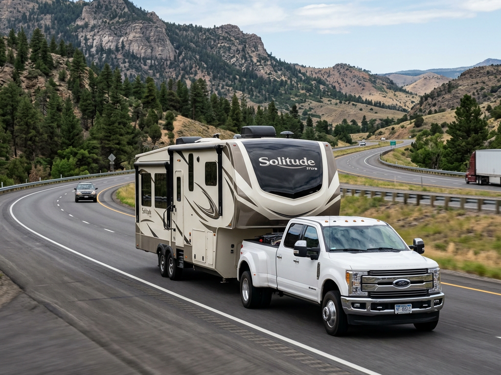Pickup truck towing Solitude travel trailer on mountainous highway