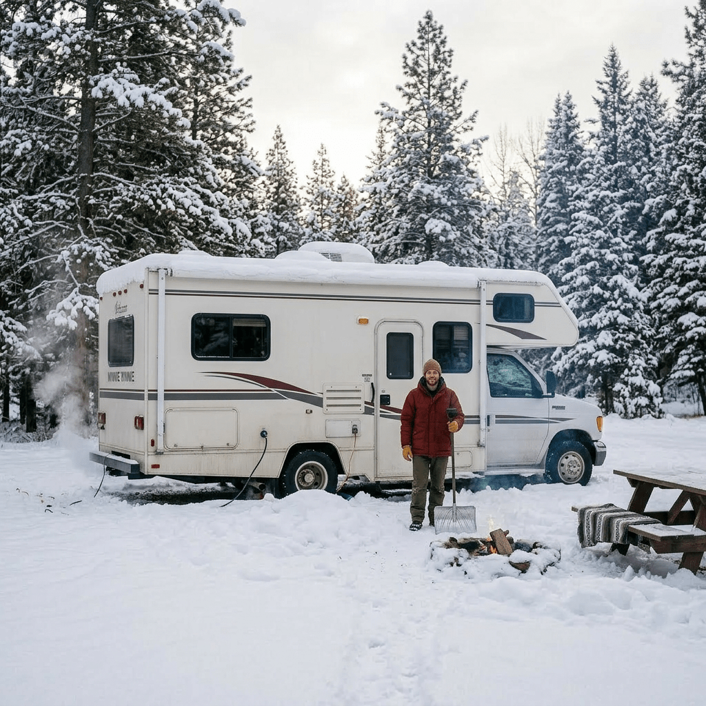 Man standing with a snow shovel beside a camper RV and fire pit in snowy forest