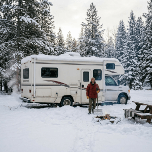 Man standing with a snow shovel beside a camper RV and fire pit in snowy forest